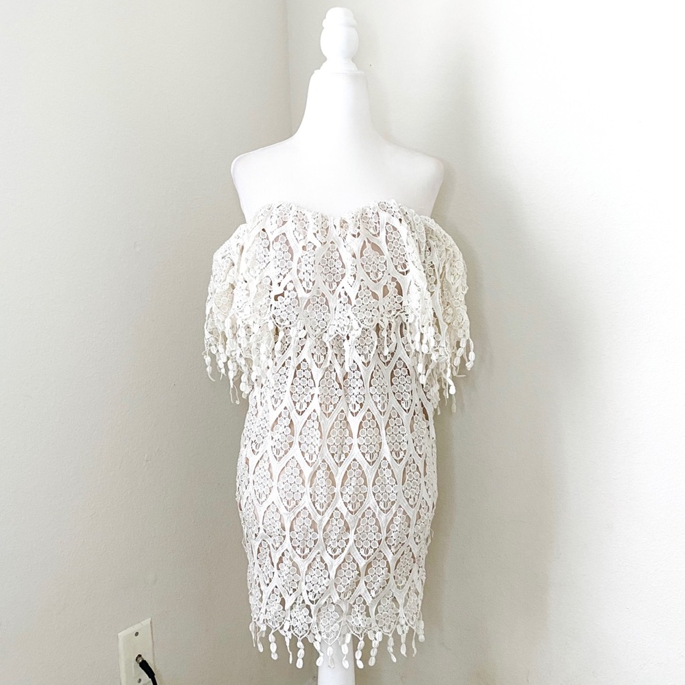 stone cold fox - iowa lace mini dress strapless flutter sleeves fringe eyelet